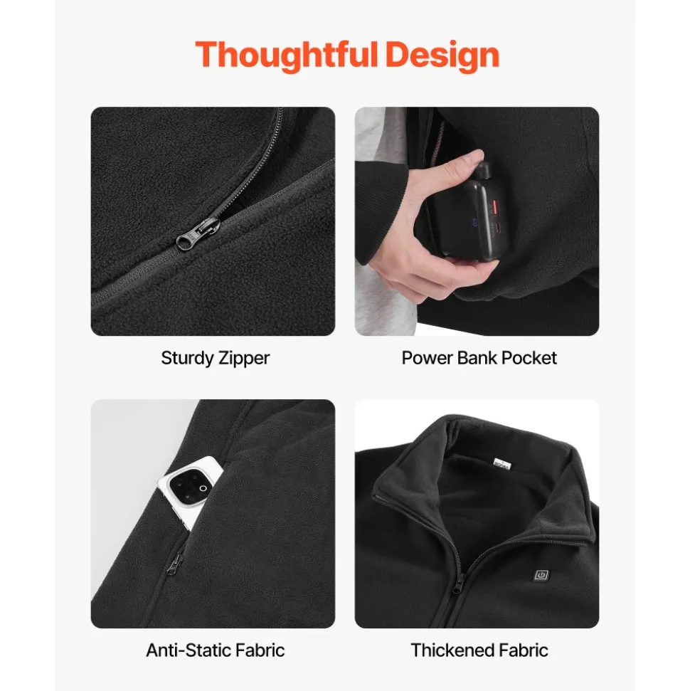 VEVOR Heated Fleece Jacket for Women, Heated Sweatshirt with 7.4V 16000mAh Rechargeable Power Bank Pack, 6 Heating Zones, 3 Temp Levels, 3h/6h/10h Warmth, for Winter Outdoor Camping, Black, L Size