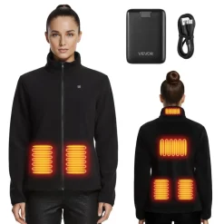VEVOR Heated Fleece Jacket for Women, Heated Sweatshirt with 7.4V 16000mAh Rechargeable Power Bank Pack, 6 Heating Zones, 3 Temp Levels, 3h/6h/10h Warmth, for Winter Outdoor Camping, Black, XXL Size