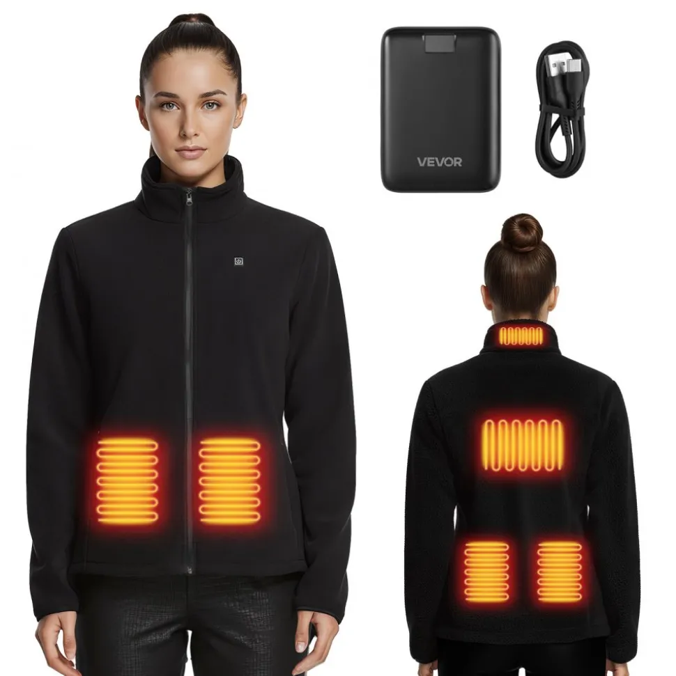 VEVOR Heated Fleece Jacket for Women, Heated Sweatshirt with 7.4V 16000mAh Rechargeable Power Bank Pack, 6 Heating Zones, 3 Temp Levels, 3h/6h/10h Warmth, for Winter Outdoor Camping, Black, XL Size