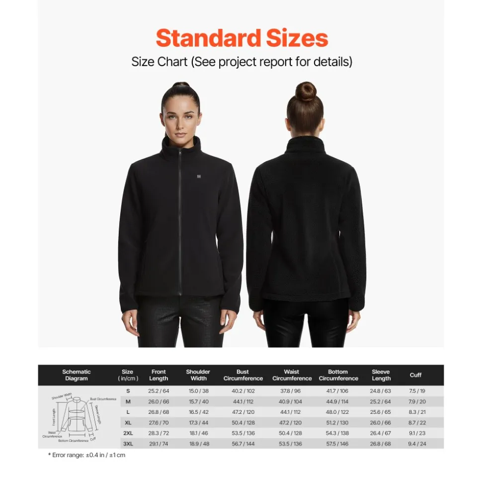 VEVOR Heated Fleece Jacket for Women, Heated Sweatshirt with 7.4V 16000mAh Rechargeable Power Bank Pack, 6 Heating Zones, 3 Temp Levels, 3h/6h/10h Warmth, for Winter Outdoor Camping, Black, XL Size