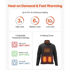 VEVOR Heated Fleece Jacket for Men, Heated Sweatshirt with 7.4V 16000mAh Rechargeable Power Bank Pack, 6 Heating Zones, 3 Temp Levels, 3h/6h/10h Warmth, for Winter Outdoor Camping, Black, XL Size