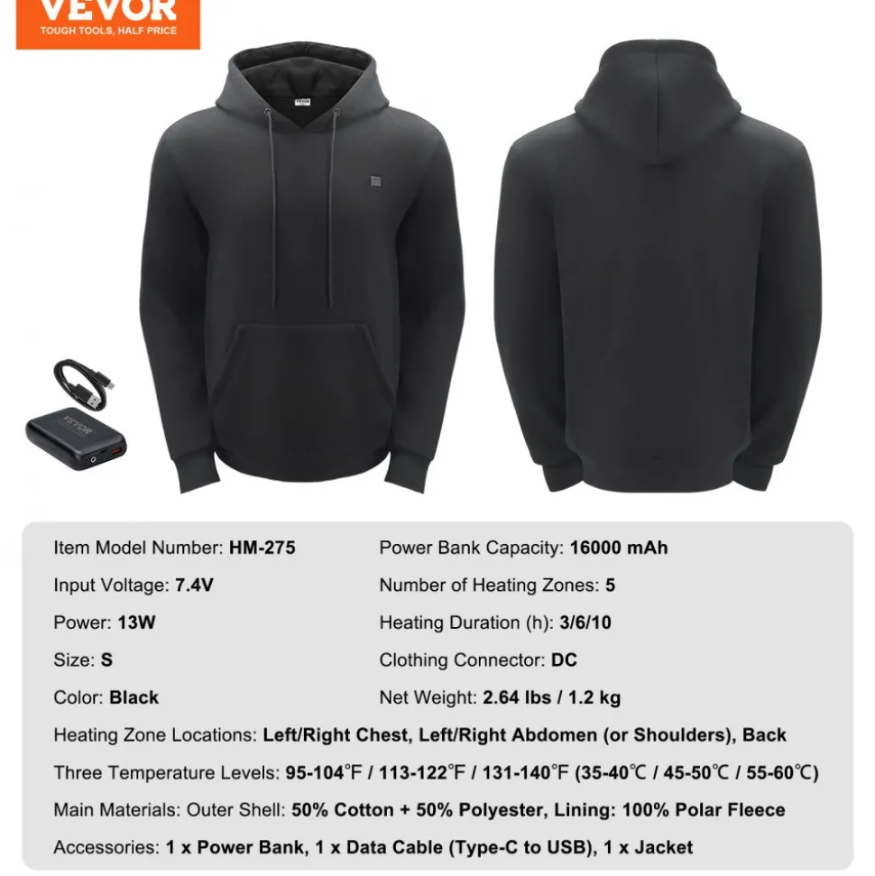 VEVOR Heated Hoodie, Unisex Heated Sweatshirt with Battery Pack 7.4V, Electric Jacket with 5 Heating Zones for Men & Women, Lightweight Warm Heated Outdoor Pullover for Fishing Camping, S Size Black