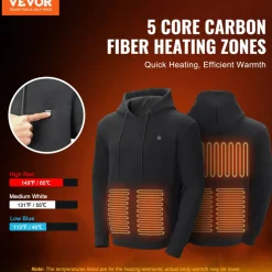 VEVOR Heated Hoodie, Unisex Heated Sweatshirt with Battery Pack 7.4V, Electric Jacket with 5 Heating Zones for Men & Women, Lightweight Warm Heated Outdoor Pullover for Fishing Camping, S Size Black