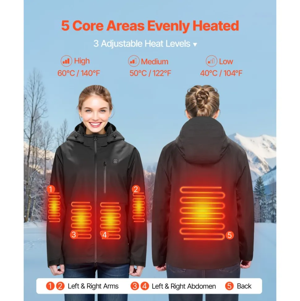 VEVOR Heated Jacket for Men with 7.4V Battery, Soft Shell Electric Heating Coat, Windproof Waterproof Lightweight Outerwear with 5 Heating Zones & 3 Heat Settings, Machine Washable, L Size