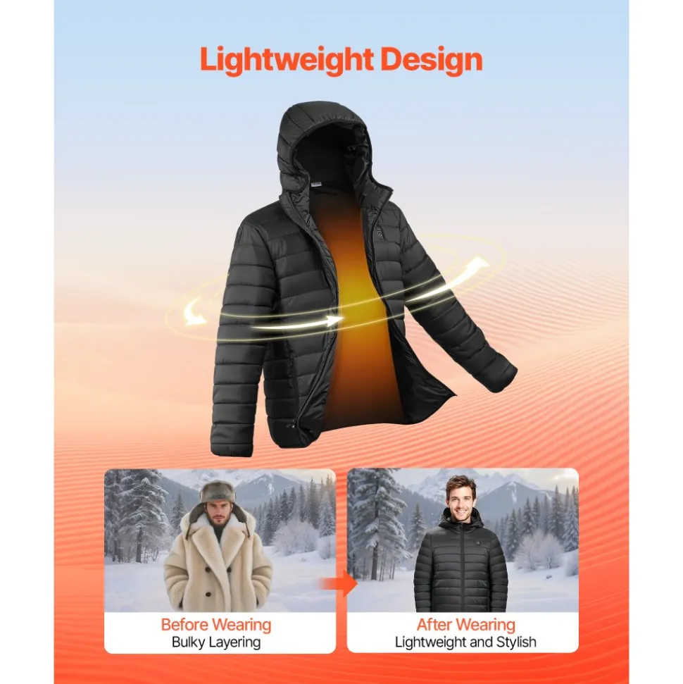 VEVOR Heated Jacket for Men with 7.4V Battery, Soft Shell Electric Heating Coat, Windproof Lightweight Outerwear with 6 Heating Zones & 3 Heat Settings for Hiking, Outdoor Work, Black, XL Size
