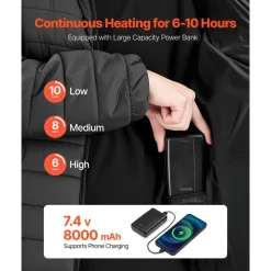 VEVOR Heated Jacket for Men with 7.4V Battery, Soft Shell Electric Heating Coat, Windproof Lightweight Outerwear with 6 Heating Zones & 3 Heat Settings for Hiking, Outdoor Work, Black, XL Size