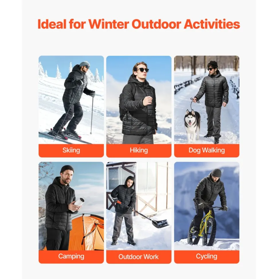 VEVOR Heated Jacket for Men with 7.4V Battery, Soft Shell Electric Heating Coat, Windproof Lightweight Outerwear with 6 Heating Zones & 3 Heat Settings for Hiking, Outdoor Work, Black, XL Size