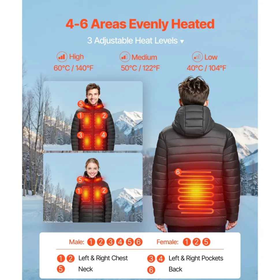 VEVOR Heated Jacket for Women with 7.4V Battery, Soft Shell Electric Heating Coat, Windproof Lightweight Outerwear with 4 Heating Zones & 3 Heat Settings, for Hiking, Outdoor Work, Black, L Size