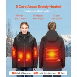 VEVOR Heated Jacket for Women with 7.4V Battery, Soft Shell Electric Heating Coat, Windproof Waterproof Lightweight Outerwear with 5 Heating Zones & 3 Heat Settings, Machine Washable, L Size