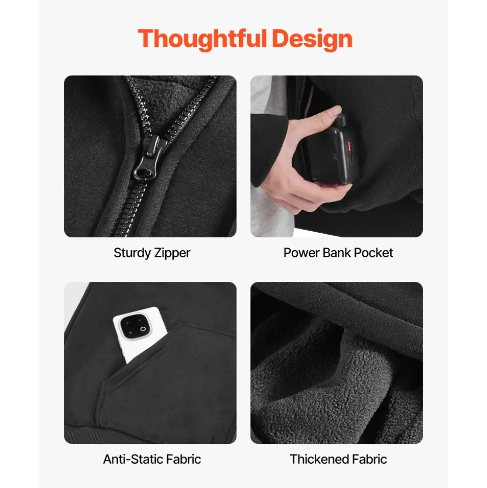VEVOR Heated Jacket Hoodie for Men Women, Heated Sweatshirt Unisex Full-Zip with 7.4V 16000mAh Power Bank Pack, 5 Heating Zones, 3 Temp Levels, 4-8H Warmth, for Winter Outdoor Camping, Black, L Size