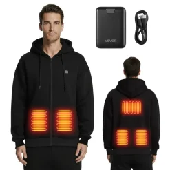 VEVOR Heated Jacket Hoodie for Men Women, Heated Sweatshirt Unisex Full-Zip with 7.4V 16000mAh Power Bank Pack, 5 Heating Zones, 3 Temp Levels, 4-8H Warmth, for Winter Outdoor Camping, Black, L Size