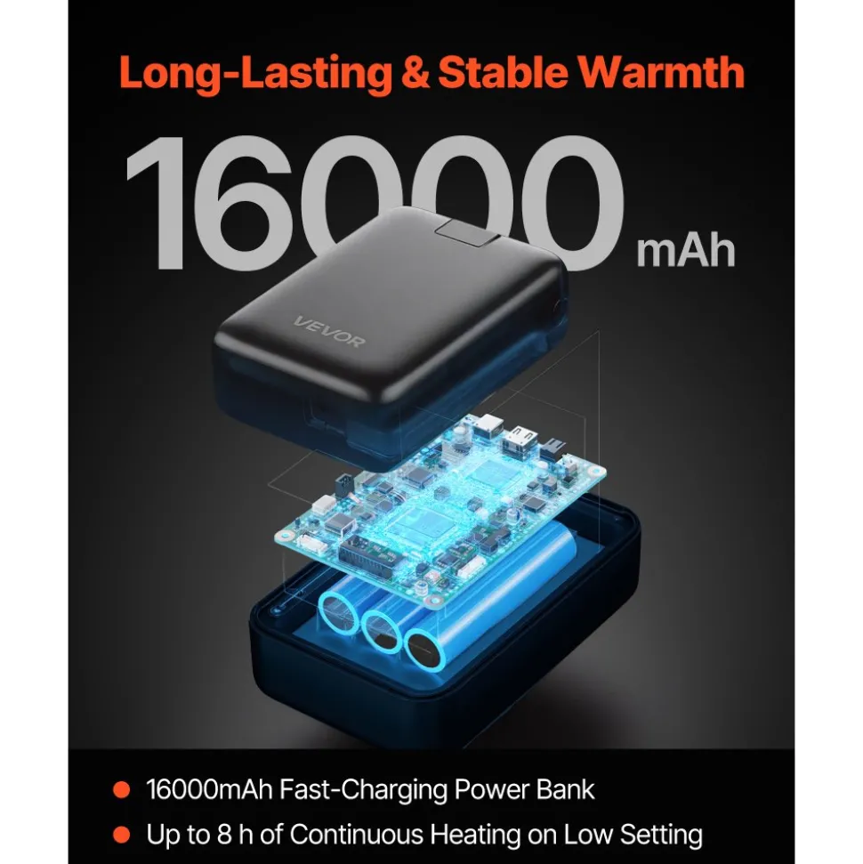 VEVOR Heated Jacket Hoodie for Men Women, Heated Sweatshirt Unisex Full-Zip with 7.4V 16000mAh Power Bank Pack, 5 Heating Zones, 3 Temp Levels, 4-8H Warmth, for Winter Outdoor Camping, Black, XXL Size