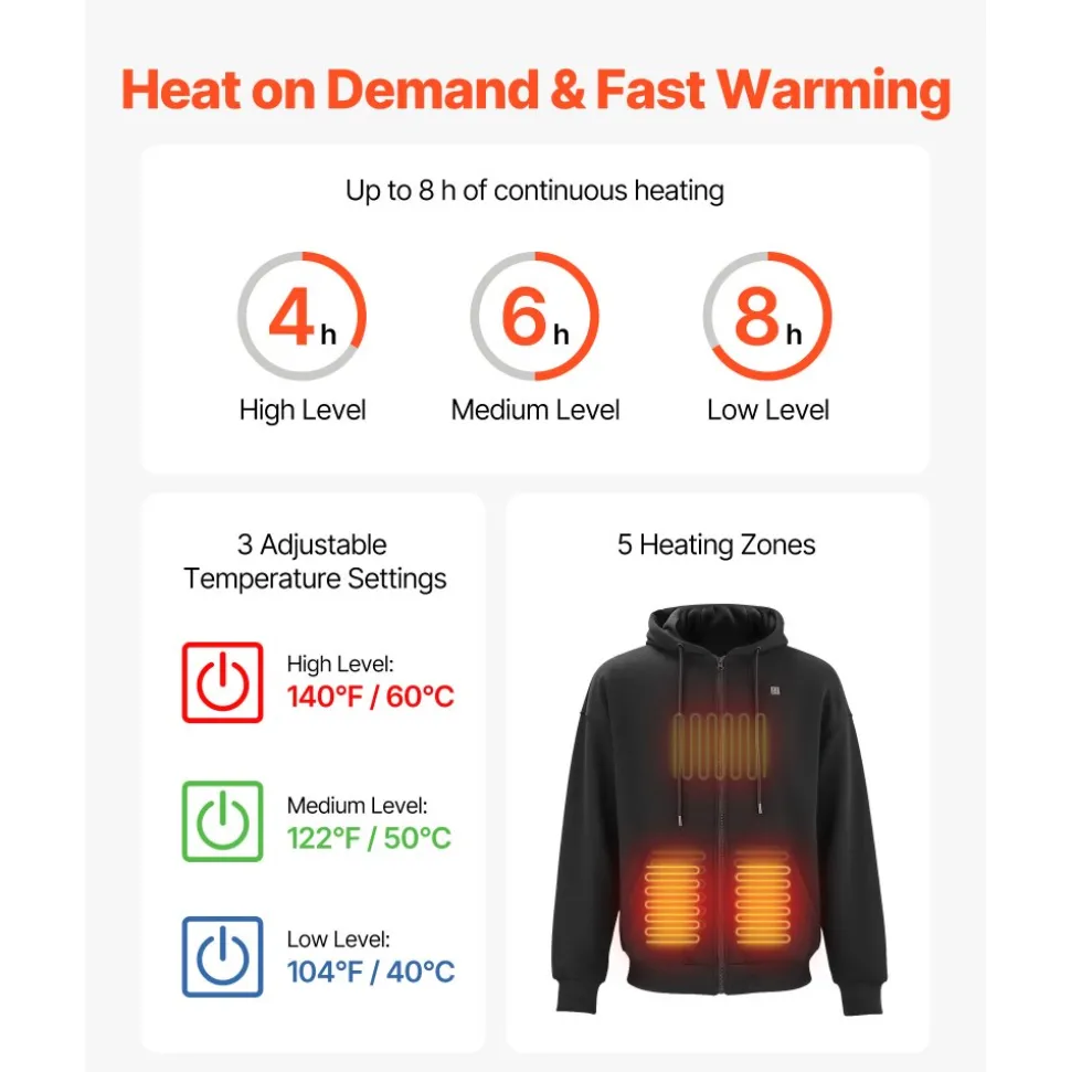 VEVOR Heated Jacket Hoodie for Men Women, Heated Sweatshirt Unisex Full-Zip with 7.4V 16000mAh Power Bank Pack, 5 Heating Zones, 3 Temp Levels, 4-8H Warmth, for Winter Outdoor Camping, Black, XL Size