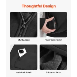 VEVOR Heated Jacket Hoodie for Men Women, Heated Sweatshirt Unisex Full-Zip with 7.4V 16000mAh Power Bank Pack, 5 Heating Zones, 3 Temp Levels, 4-8H Warmth, for Winter Outdoor Camping, Black, XL Size