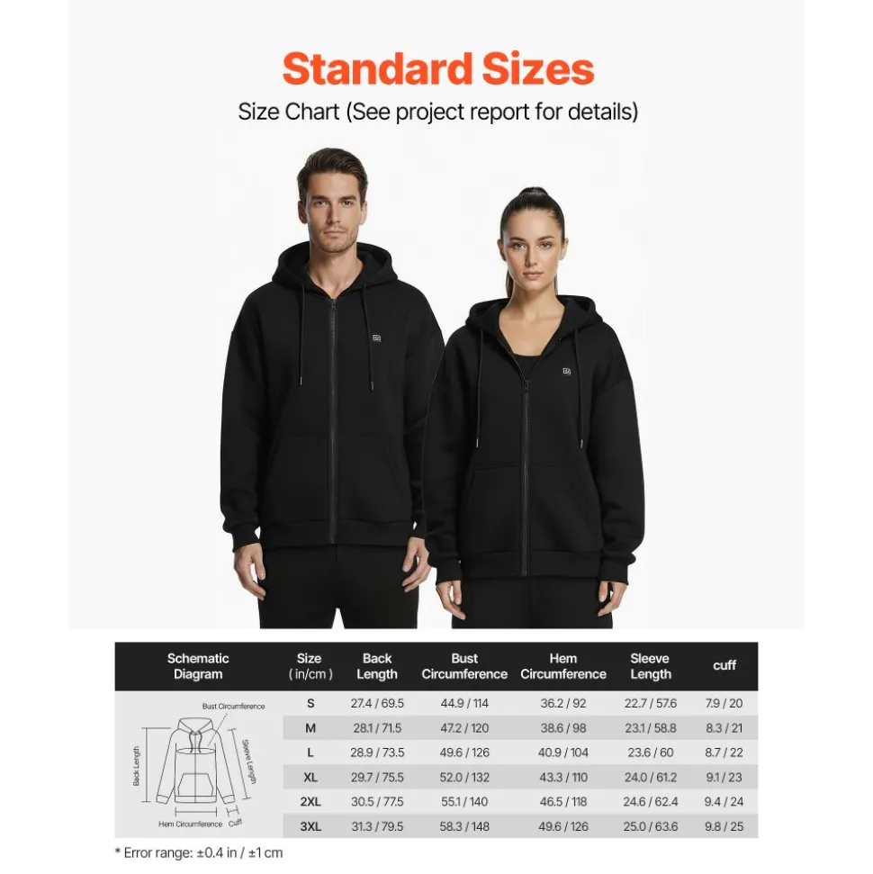 VEVOR Heated Jacket Hoodie for Men Women, Heated Sweatshirt Unisex Full-Zip with 7.4V 16000mAh Power Bank Pack, 5 Heating Zones, 3 Temp Levels, 4-8H Warmth, for Winter Outdoor Camping, Black, XL Size