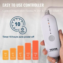VEVOR Heated Mattress Pad, 54 x 75 in, Full Size Electric Bed Warmer with 1-5 Heat Settings Control, 10-Hour Auto Shut Off, Machine-Wash Breathable Coral Fleece Heating Electric Mattress Sheets, White