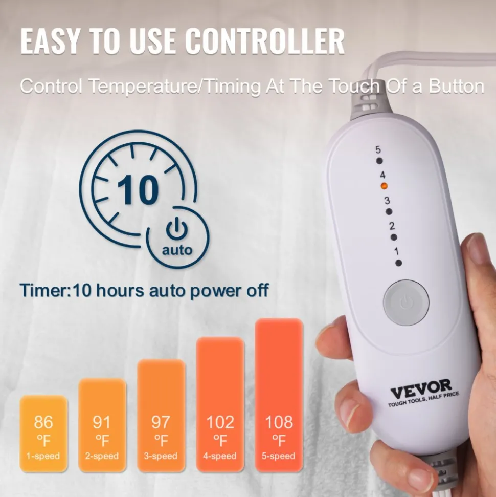 VEVOR Heated Mattress Pad, 54 x 75 in, Full Size Electric Bed Warmer with 1-5 Heat Settings Control, 10-Hour Auto Shut Off, Machine-Wash Breathable Coral Fleece Heating Electric Mattress Sheets, White