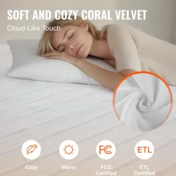 VEVOR Heated Mattress Pad, 39 x 75 in, Electric Bed Warmer with 1-5 Heat Settings Control, 10-Hour Auto Shut Off, Machine-Wash Breathable Coral Fleece Heating Electric Mattress Sheets, White