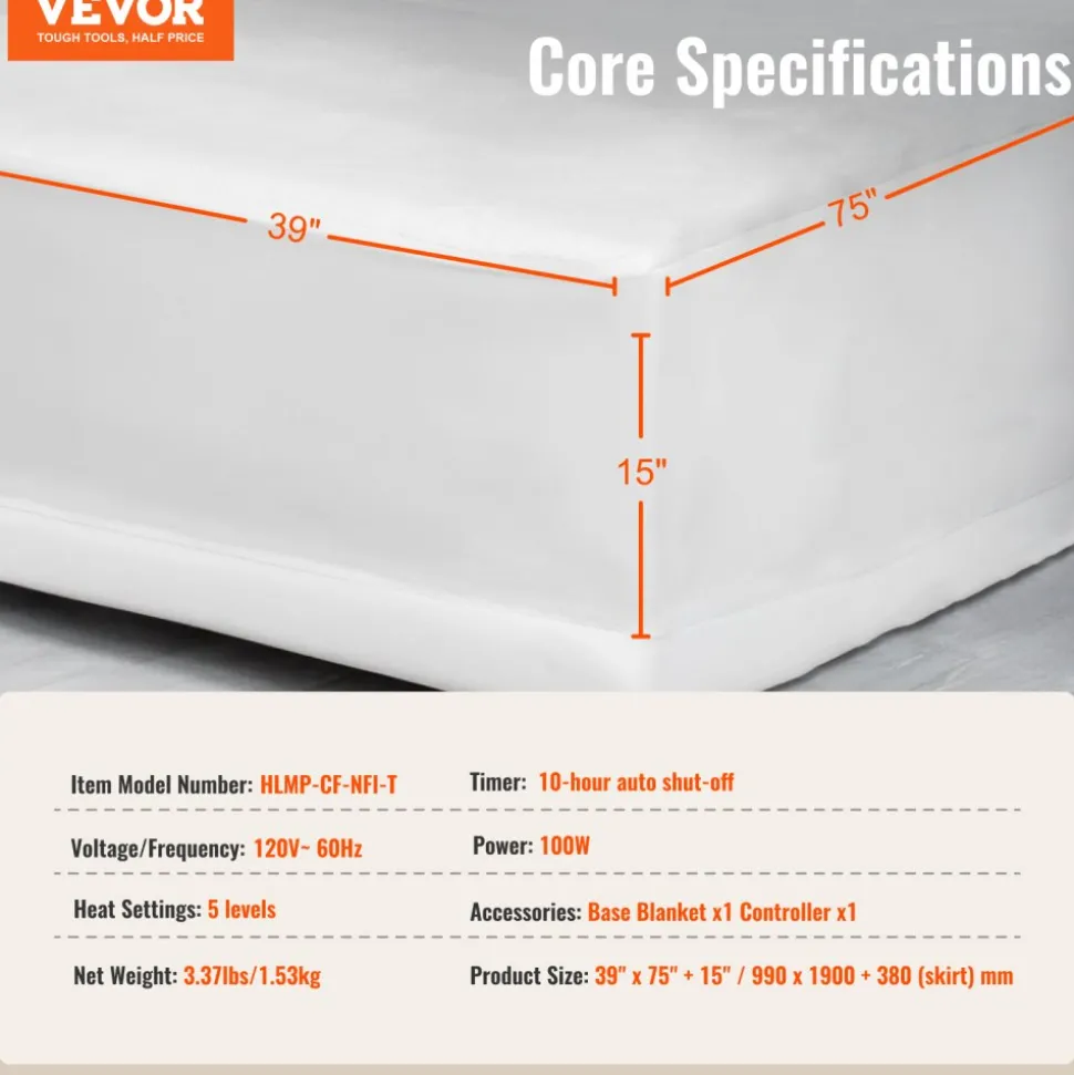 VEVOR Heated Mattress Pad, 39 x 75 in, Electric Bed Warmer with 1-5 Heat Settings Control, 10-Hour Auto Shut Off, Machine-Wash Breathable Coral Fleece Heating Electric Mattress Sheets, White