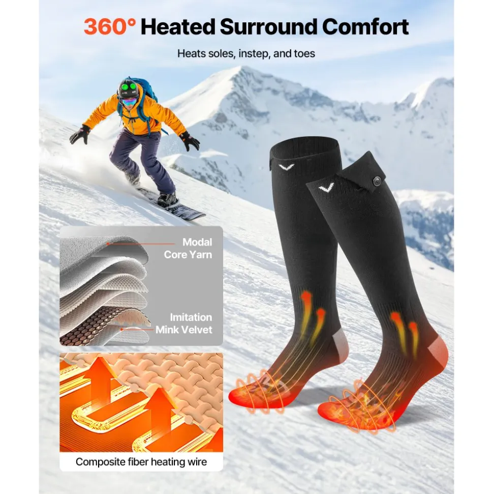 VEVOR Heated Socks, 5000mAh Battery Powered, Rechargeable Heating Socks with 4 Heating Levels, Electric Heated Sock for Men Women, Foot Warmer for Hunting Riding Camping Hiking Skiing, Outdoor Work