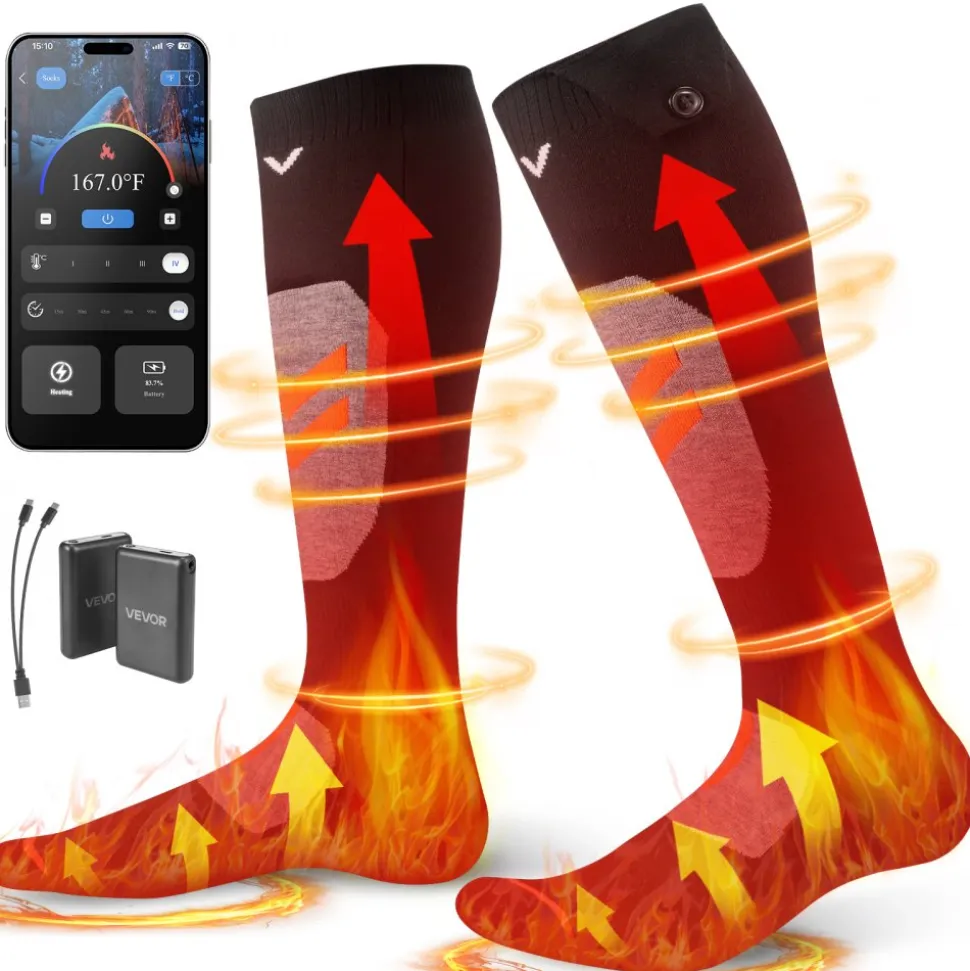 VEVOR Heated Socks, Medium Size, 5000mAh Battery Rechargeable Heating Socks with 4 Heating Levels, Electric Heated Sock with APP Control for Men Women, Foot Warmer for Hunting Riding Camping Hiking