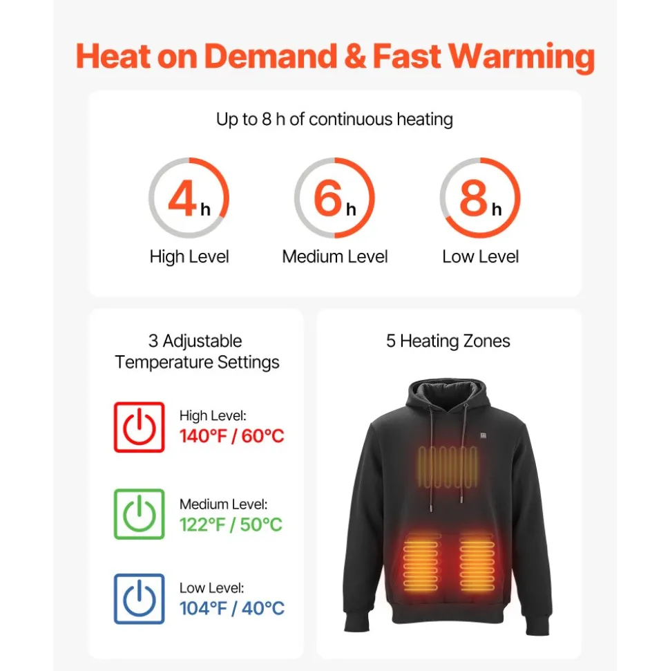 VEVOR Heated Sweatshirt Hoodie for Men Women, Heated Jacket Unisex with 7.4V 16000mAh Rechargeable Power Bank Pack, 5 Heating Zones, 3 Temp Levels, 4-8H Warmth, for Winter Outdoor Camping, Black, XXL Size