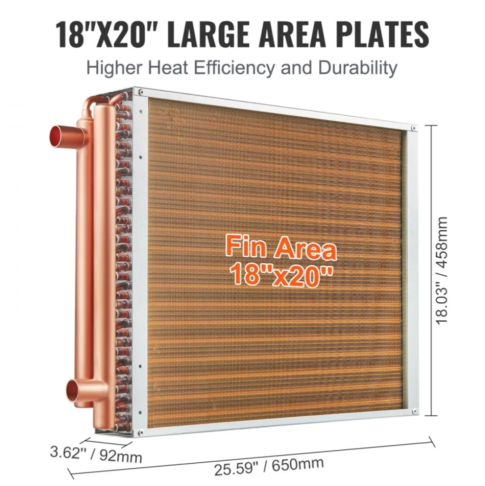 VEVOR Heat Exchanger Water to Air, 18"x 20" with 3-Row 3/8" Copper Ports, 242 Aluminum Fins Heat Exchanger for Outdoor Wood Furnaces, Residential Heating and Cooling, and Forced Air Heating
