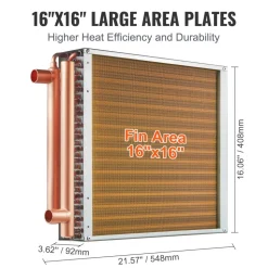VEVOR Heat Exchanger Water to Air, 16"x 16" with 3-Row 3/8" Copper Ports, 193 Aluminum Fins Heat Exchanger for Outdoor Wood Furnaces, Residential Heating and Cooling, and Forced Air Heating