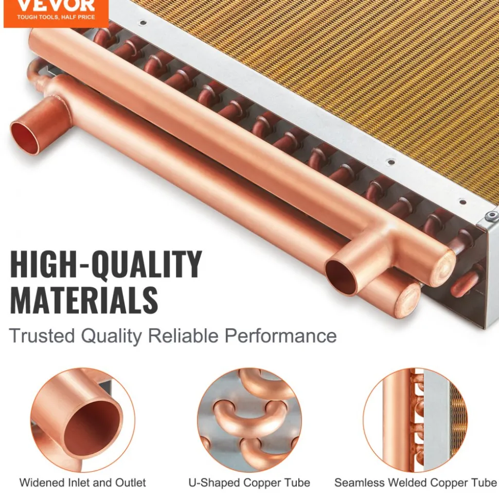 VEVOR Heat Exchanger Water to Air, 16"x 16" with 3-Row 3/8" Copper Ports, 193 Aluminum Fins Heat Exchanger for Outdoor Wood Furnaces, Residential Heating and Cooling, and Forced Air Heating