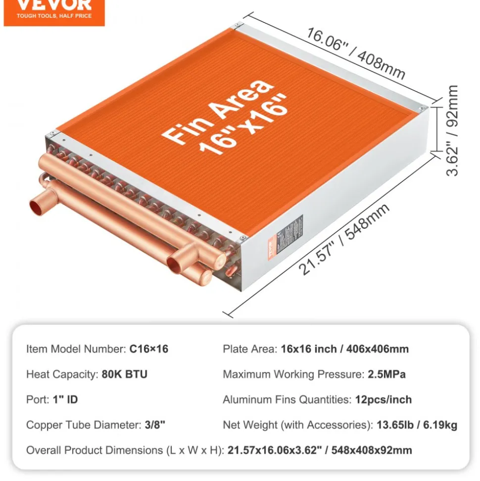 VEVOR Heat Exchanger Water to Air, 16"x 16" with 3-Row 3/8" Copper Ports, 193 Aluminum Fins Heat Exchanger for Outdoor Wood Furnaces, Residential Heating and Cooling, and Forced Air Heating