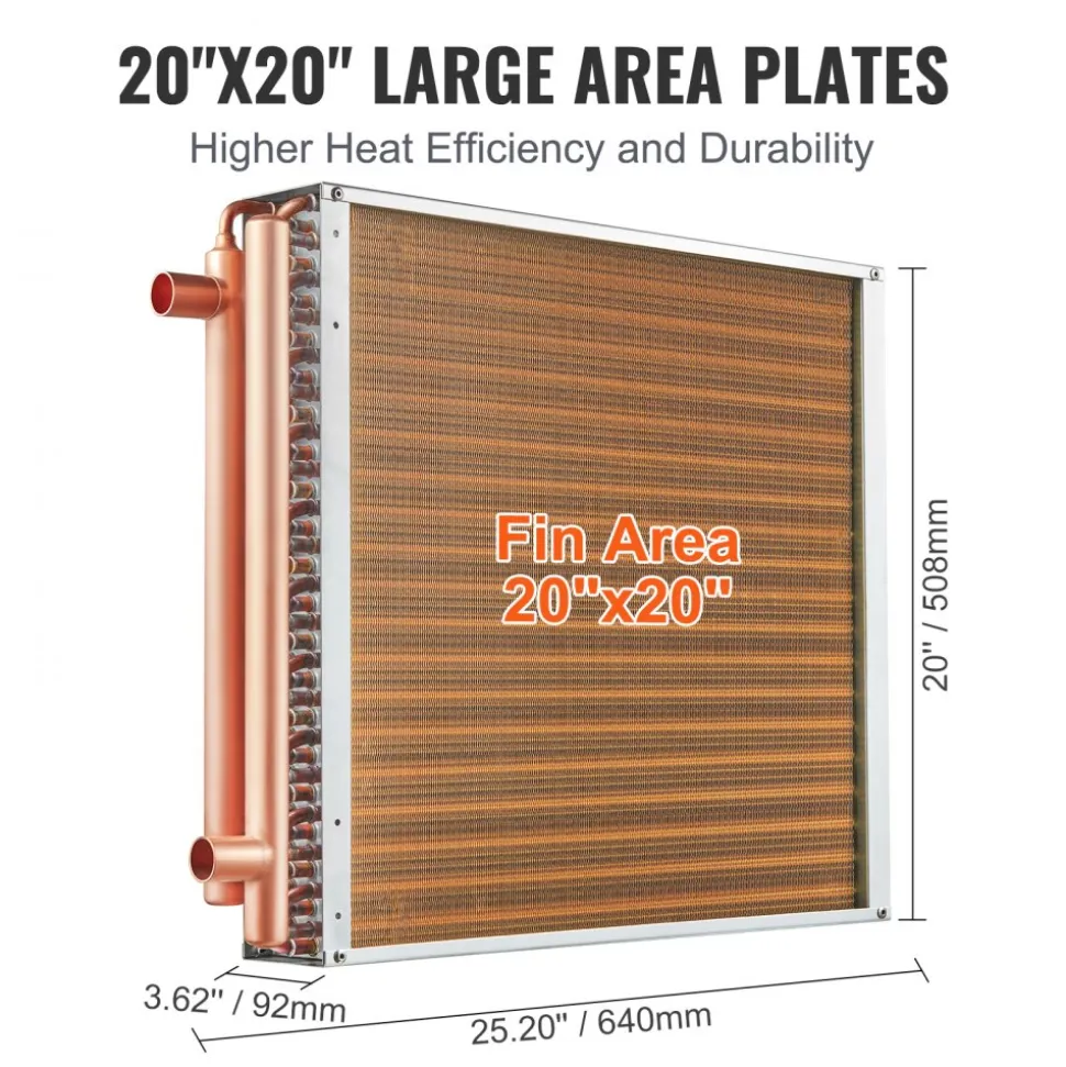VEVOR Heat Exchanger Water to Air, 20"x 20" with 3-Row 3/8" Copper Ports, 242 Aluminum Fins Heat Exchanger for Outdoor Wood Furnaces, Residential Heating and Cooling, and Forced Air Heating