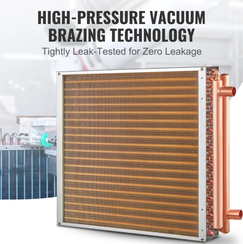 VEVOR Heat Exchanger Water to Air, 20"x 20" with 3-Row 3/8" Copper Ports, 242 Aluminum Fins Heat Exchanger for Outdoor Wood Furnaces, Residential Heating and Cooling, and Forced Air Heating