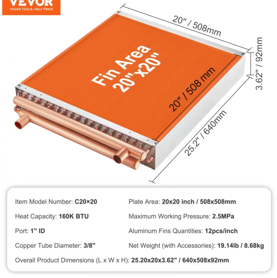 VEVOR Heat Exchanger Water to Air, 20"x 20" with 3-Row 3/8" Copper Ports, 242 Aluminum Fins Heat Exchanger for Outdoor Wood Furnaces, Residential Heating and Cooling, and Forced Air Heating