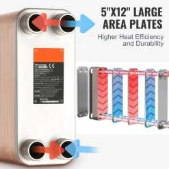 VEVOR Heat Exchanger, 5"x 12" 100 Plates Brazed Plate Heat Exchanger, Copper/316L Stainless Steel Water To Water Heat Exchanger For Floor Heating, Water Heating, Snow Melting, Beer Cooling