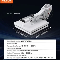 VEVOR Heat Press, Heat Press Machine for T-Shirt, Fast Heating, High Pressure Heat Press 15x15, Power Digital Industrial Sublimation Printer for Heat Transfer Vinyl, Easy to Use, White