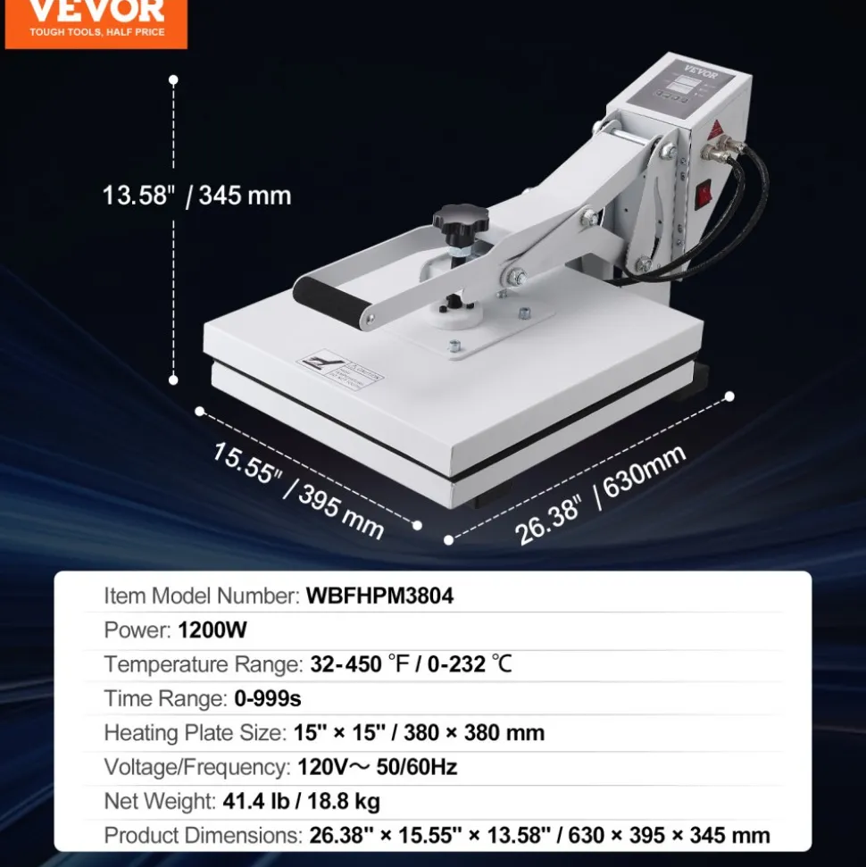 VEVOR Heat Press, Heat Press Machine for T-Shirt, Fast Heating, High Pressure Heat Press 15x15, Power Digital Industrial Sublimation Printer for Heat Transfer Vinyl, Easy to Use, White