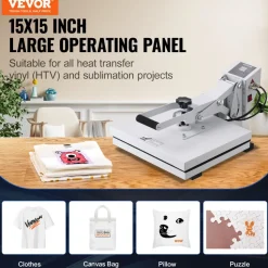 VEVOR Heat Press, Heat Press Machine for T-Shirt, Fast Heating, High Pressure Heat Press 15x15, Power Digital Industrial Sublimation Printer for Heat Transfer Vinyl, Easy to Use, White