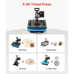 VEVOR Heat Press, 5 in 1 Heat Press 12x15 Machine Machine, Digital Precise Temperature Control, Clamshell Sublimation Transfer Printer Fast Heat-up, Vinyl Heat Press for Mug Cup T-Shirt Plate, 900W
