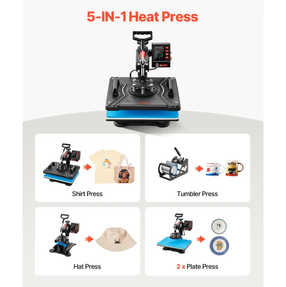 VEVOR Heat Press, 5 in 1 Heat Press 12x15 Machine Machine, Digital Precise Temperature Control, Clamshell Sublimation Transfer Printer Fast Heat-up, Vinyl Heat Press for Mug Cup T-Shirt Plate, 900W