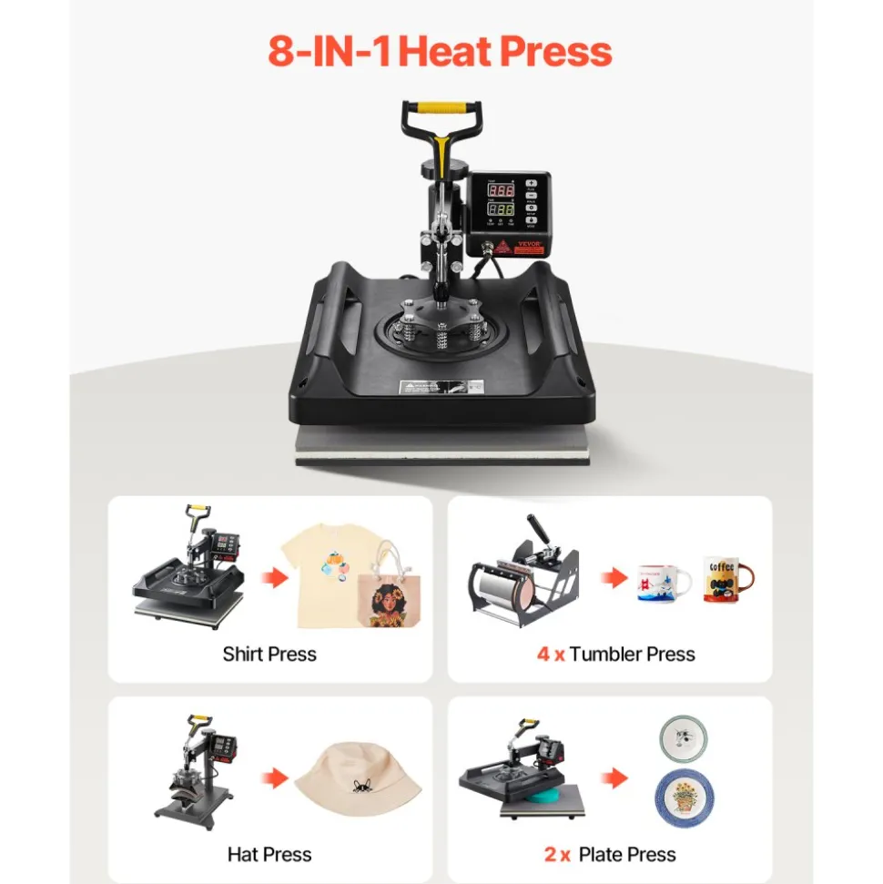 VEVOR Heat Press Machine 8 in 1 Combo, Heat Press 15x15 in, Swing Away T Shirt Printing Machine Digital Control, Multifunction Transfer Machine Sublimation, for T-Shirt Hat Cap Mug Plate, Black