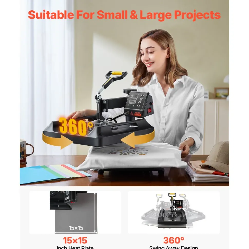 VEVOR Heat Press Machine 8 in 1 Combo, Heat Press 15x15 in, Swing Away T Shirt Printing Machine Digital Control, Multifunction Transfer Machine Sublimation, for T-Shirt Hat Cap Mug Plate, Black