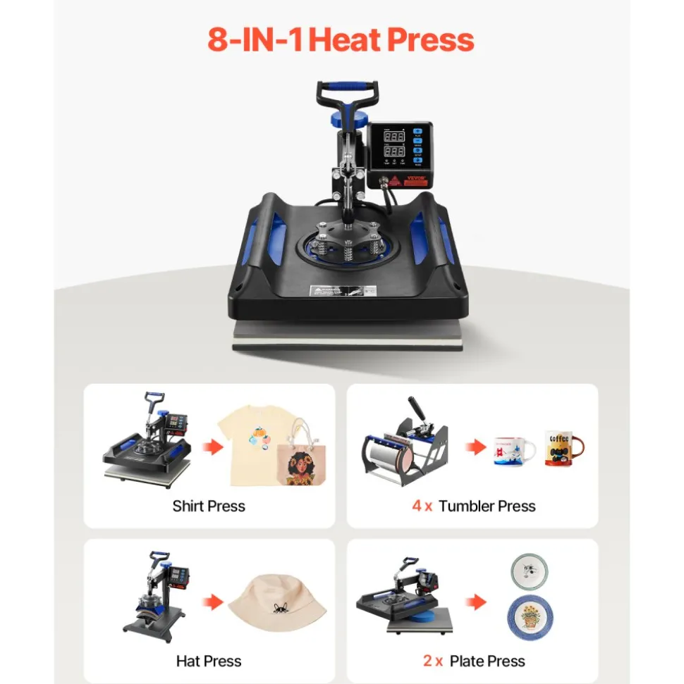 VEVOR Heat Press Machine 8 in 1 Combo, Heat Press 15x15 in, Swing Away T Shirt Printing Machine Digital Control, Multifunction Transfer Machine Sublimation, for T-Shirt Hat Cap Mug Plate, Blue