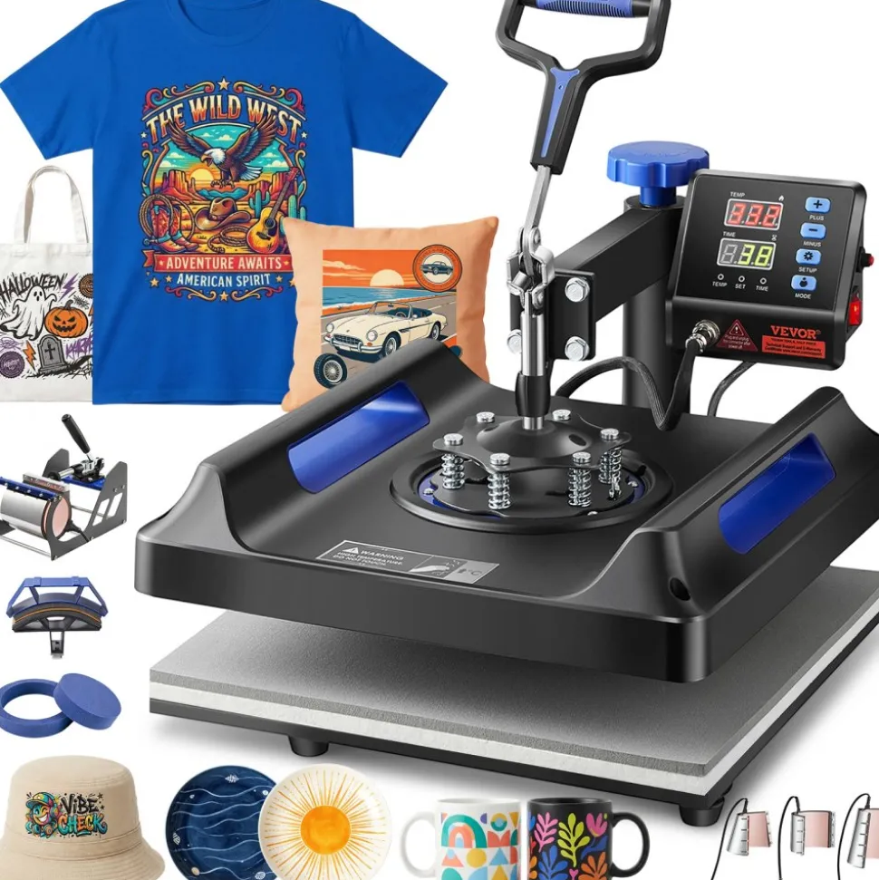 VEVOR Heat Press Machine 8 in 1 Combo, Heat Press 15x15 in, Swing Away T Shirt Printing Machine Digital Control, Multifunction Transfer Machine Sublimation, for T-Shirt Hat Cap Mug Plate, Blue