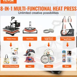 VEVOR Heat Press Machine, 8 in 1 Combo Digital Multifunctional Sublimation Heat Transfer Machine 12x15 inch,  360 Degree Rotation Swing Away for Printing T Shirts Mug Cap Hat Plate