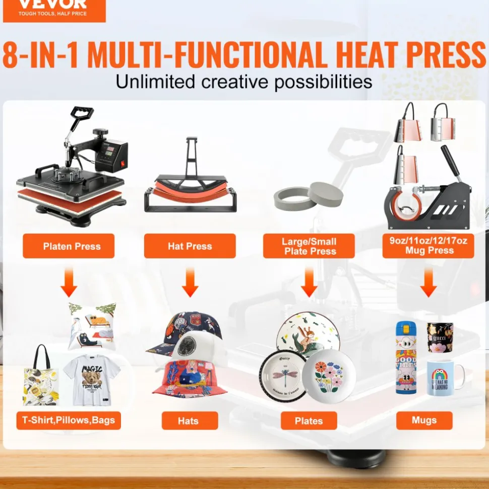 VEVOR Heat Press Machine, 8 in 1 Combo Digital Multifunctional Sublimation Heat Transfer Machine 12x15 inch, 360 Degree Rotation Swing Away for Printing T Shirts Mug Cap Hat Plate