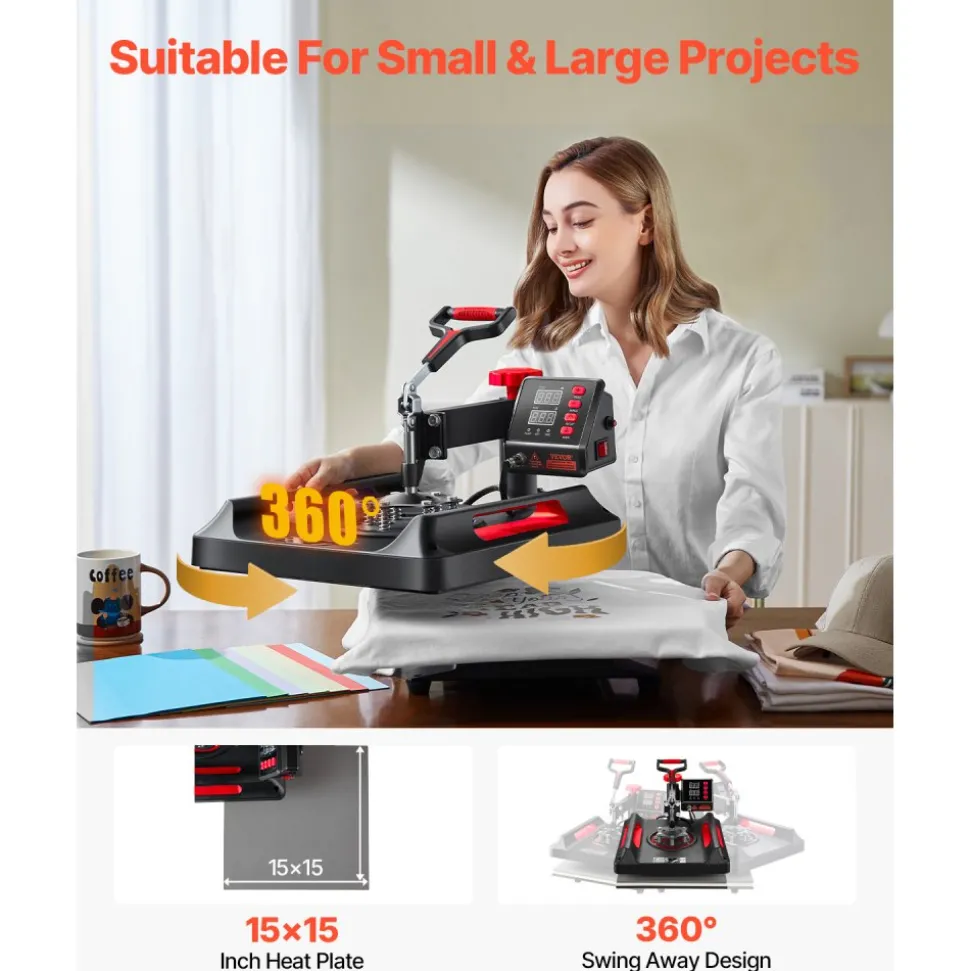 VEVOR Heat Press Machine 8 in 1 Combo, Heat Press 15x15, Swing Away T Shirt Printing Machine Digital Control, Multifunction Heat Transfer Machine Sublimation Heat Press for T-Shirt Hat Cap Mug Plate