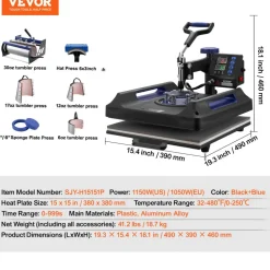 VEVOR Heat Press Machine, 15 x 15 inch, 8 in 1 Heat Transfer Machine with 30 oz Tumbler Press, 360° Swing Away Digital T-Shirt Pressing, Teflon Coating, for T-Shirts/Mugs/Hats/Plates, Black+Blue
