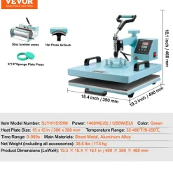 VEVOR Heat Press Machine, 15 x 15 inch, 5 in 1 Heat Transfer Machine with 30 oz Tumbler Press, 360° Swing Away T-Shirt Pressing, Digital Precise Control, for T-Shirts/Mugs/Hats/Plates, Green