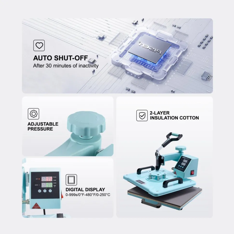 VEVOR Heat Press Machine, 12 x 15 inch, 2 in 1 Heat Transfer Machine with Hat Press, 360° Swing Away T-Shirt Pressing Machine, Digital Precise Control, Fast Even Heating for T-Shirts/Hats/Caps, Green