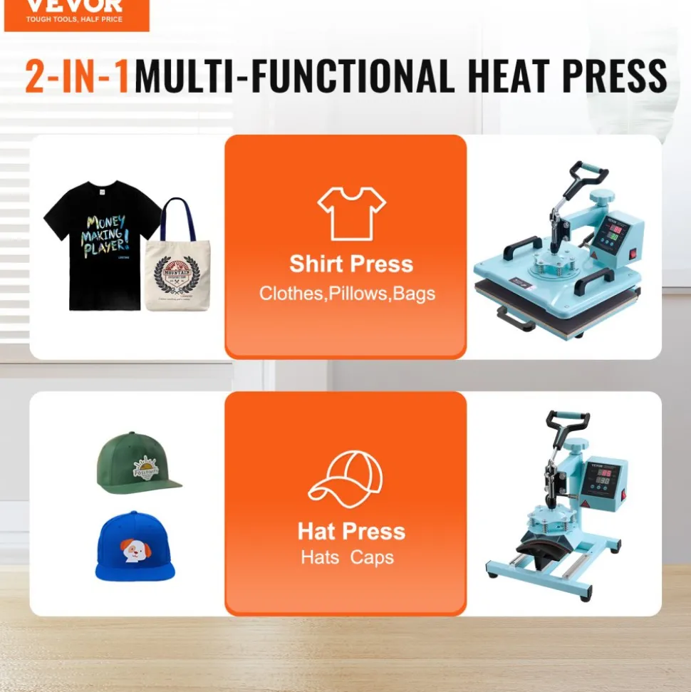 VEVOR Heat Press Machine, 12 x 15 inch, 2 in 1 Heat Transfer Machine with Hat Press, 360° Swing Away T-Shirt Pressing Machine, Digital Precise Control, Fast Even Heating for T-Shirts/Hats/Caps, Green